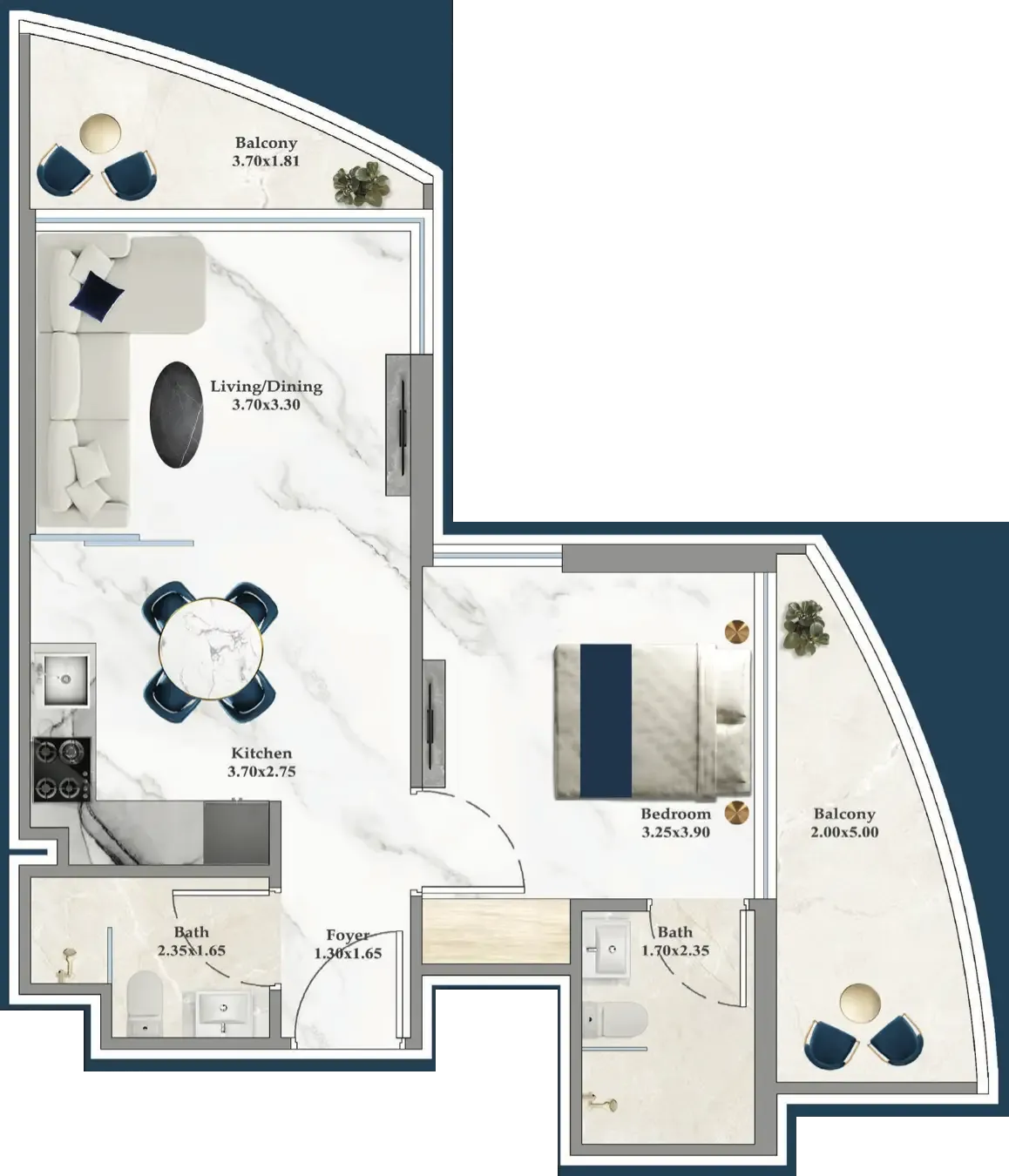 Serenz 1 bed floor plan, 585 sqft
