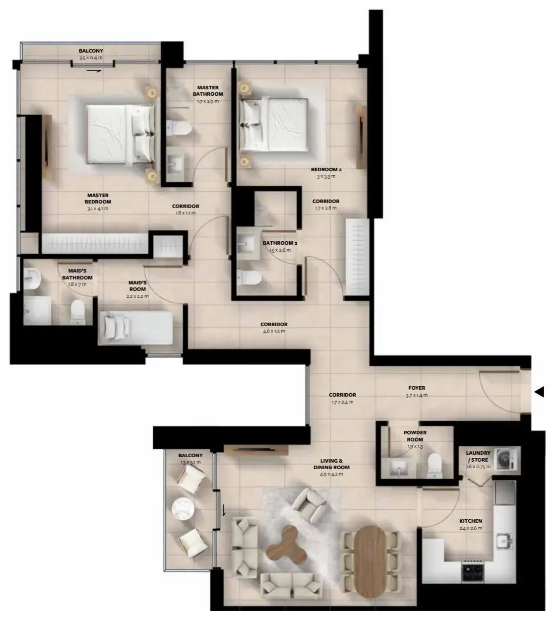 Waada Dubai South 2 bed floor plan, 1,250 sqft