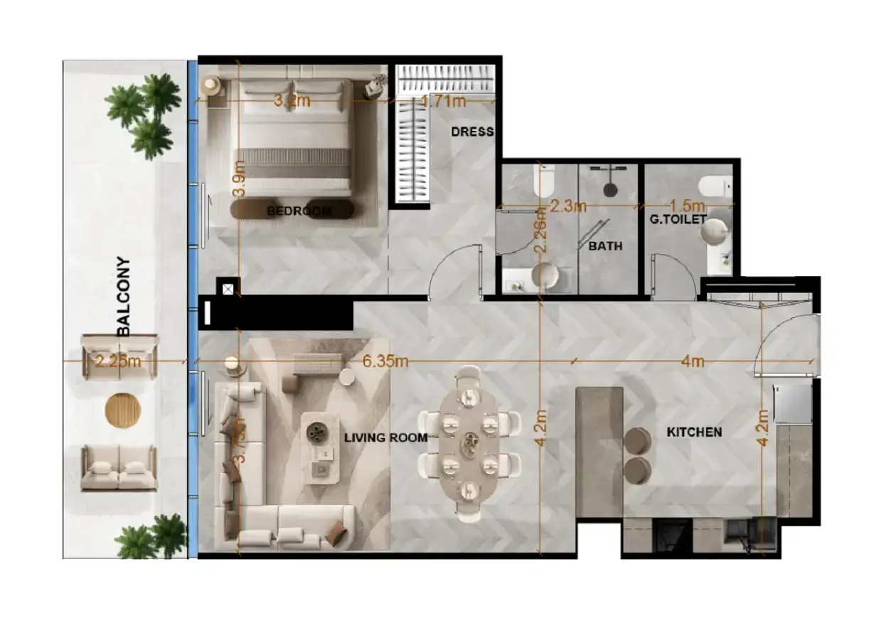 Radiant Terrace 1 bed floor plan, 990 sqft