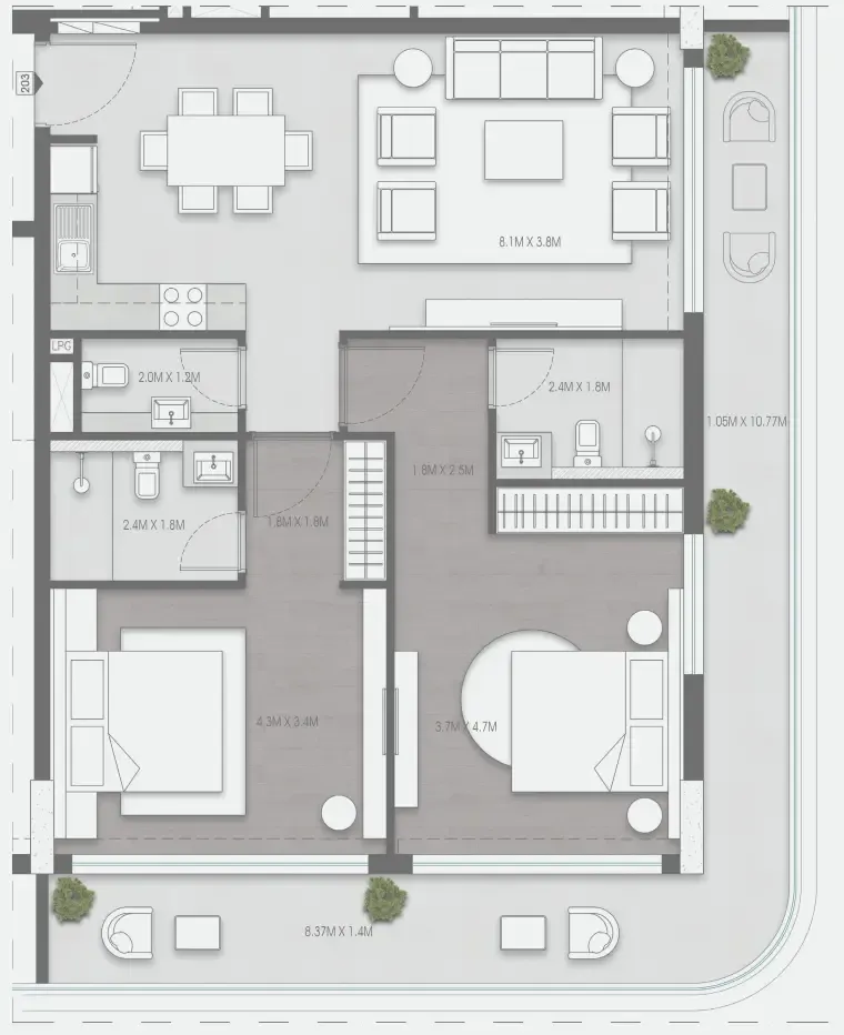 Valores Residences 2 bed floor plan, 1,265 sqft