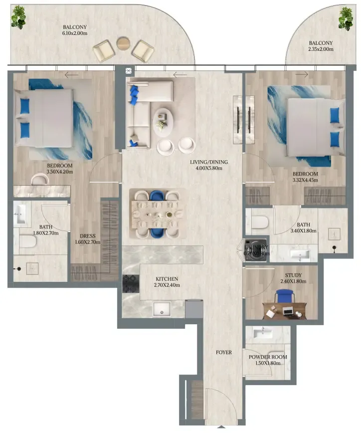 Maravea Residences 2 bed floor plan, 1,226 sqft
