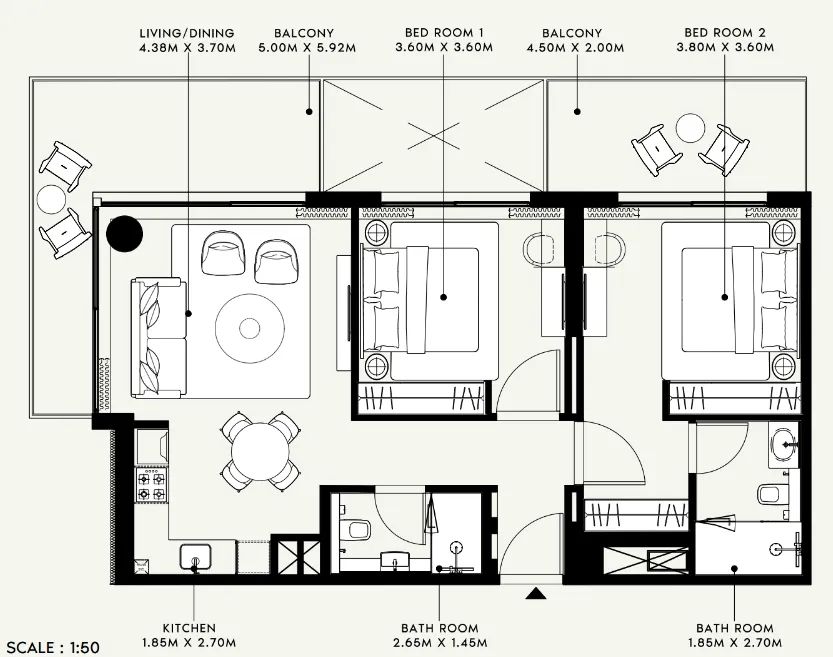 Azizi Venice 2 bed floor plan, 1,092 sqft