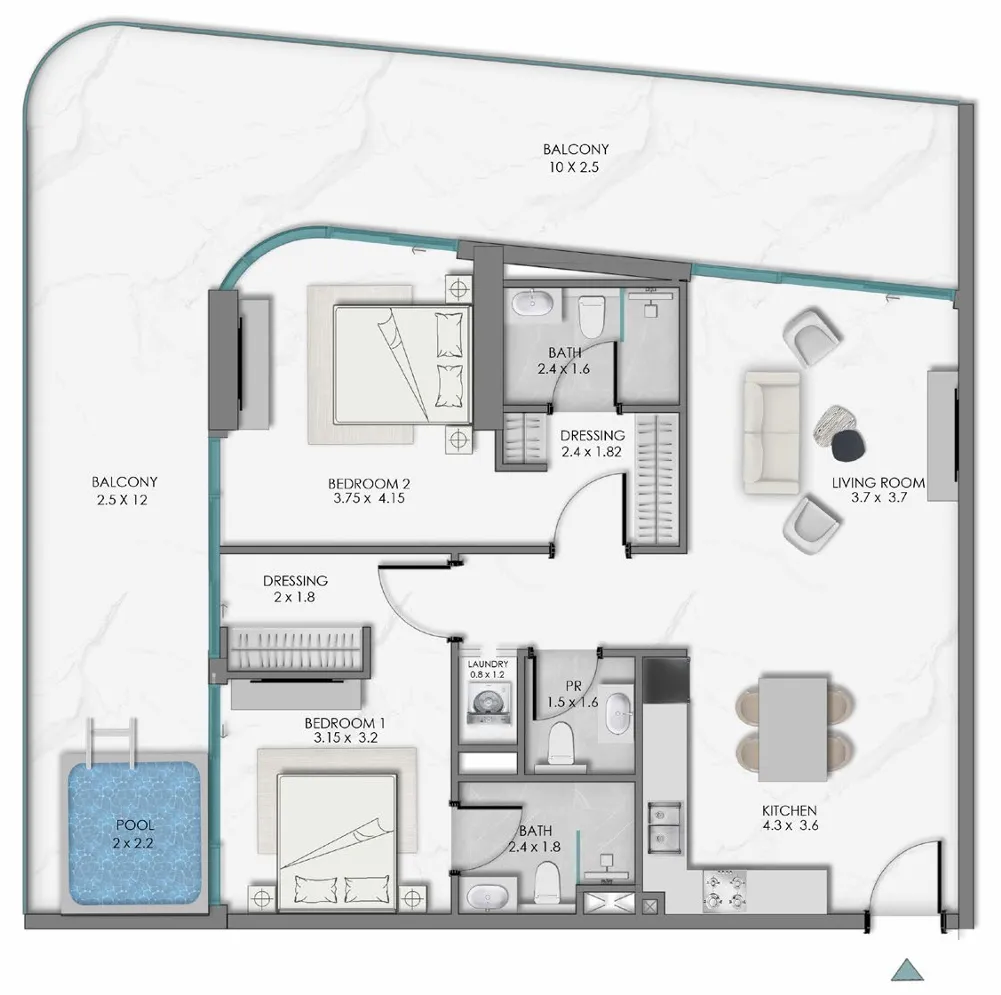Samana Sky Views 2 bed floor plan, 1,589 – 1,593 sqft