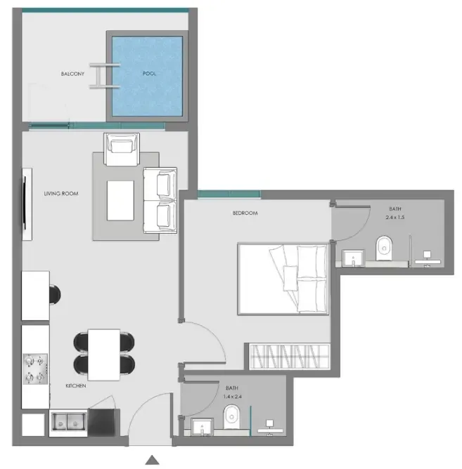 Samana Imperial Garden 1 bed floor plan, 597 – 598 sqft