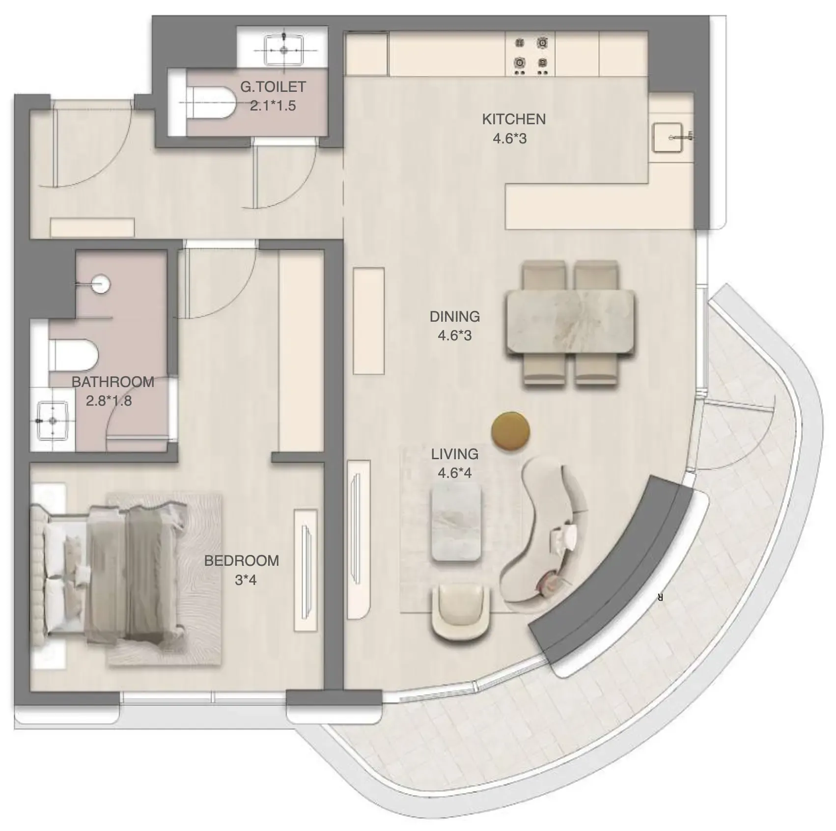 Mirasol Mina 1 bed floor plan, 882 sqft