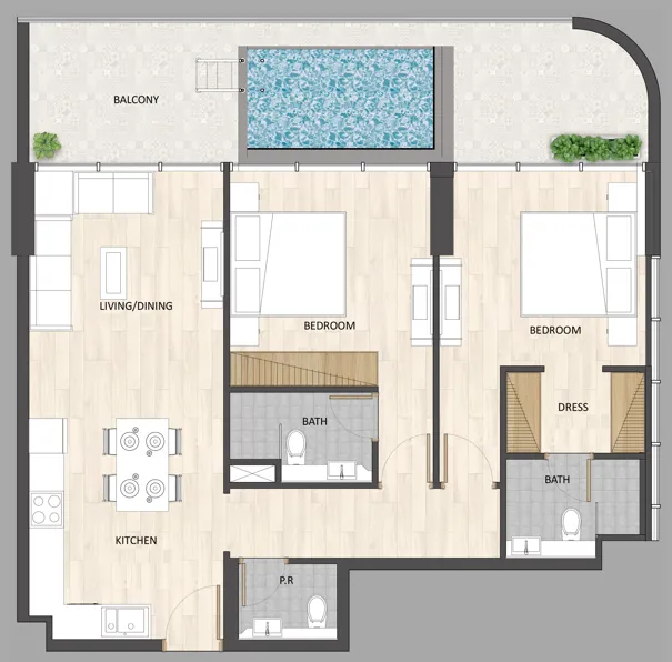 Barari Palace 2 bed floor plan, 1,153 – 1,155 sqft