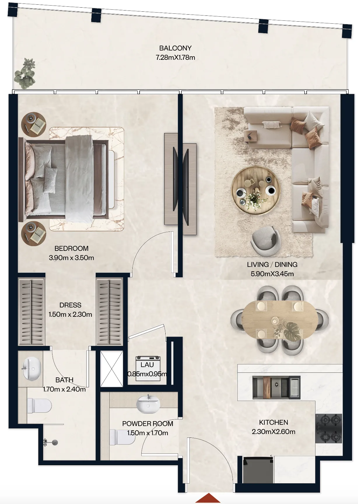Norah Residence 1 bed floor plan, 768 sqft