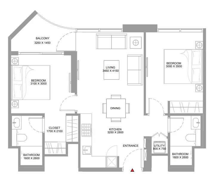 Pristine Beach Residences 2 bed floor plan, 785 sqft