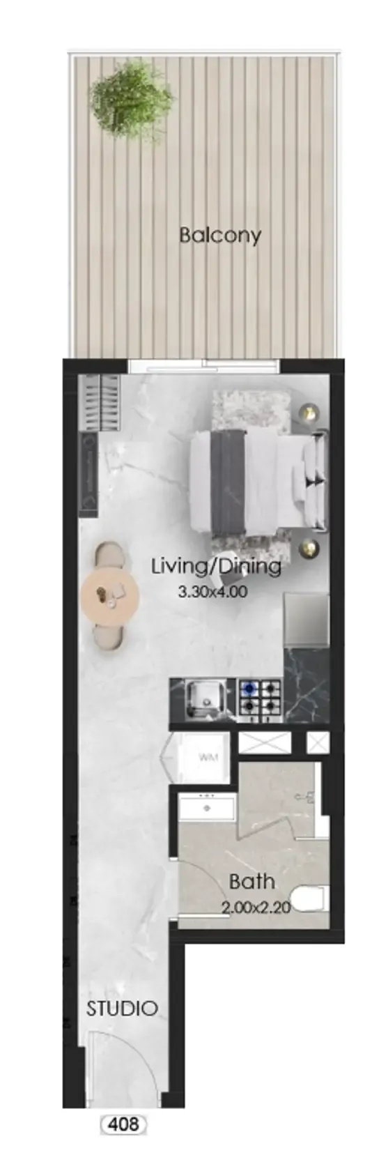 Aristo Studio floor plan, 465 sqft