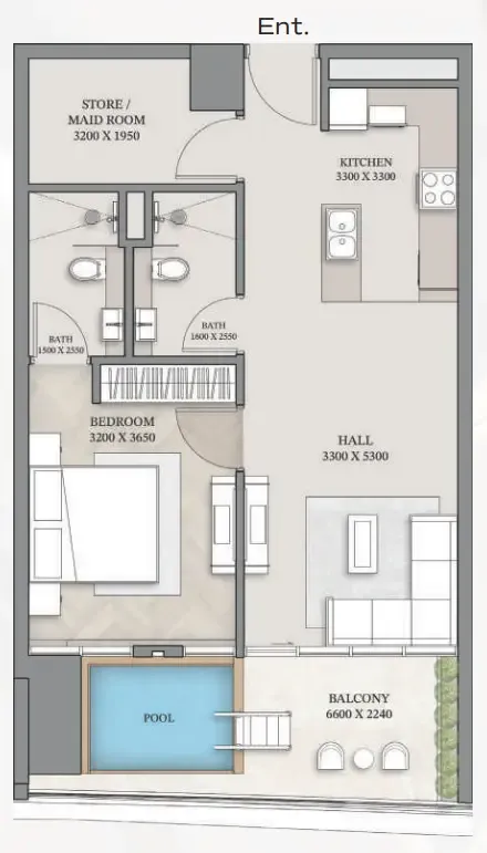 Empire Gardens 1 bed floor plan, 831 sqft