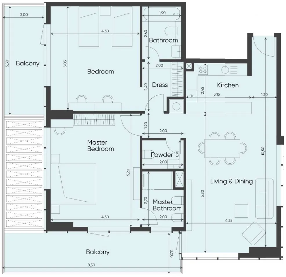 Sea Legend Tower One 2 bed floor plan, 1,504 sqft