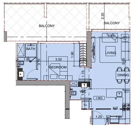 Binghatti Cullinan 1 bed floor plan, 877 sqft