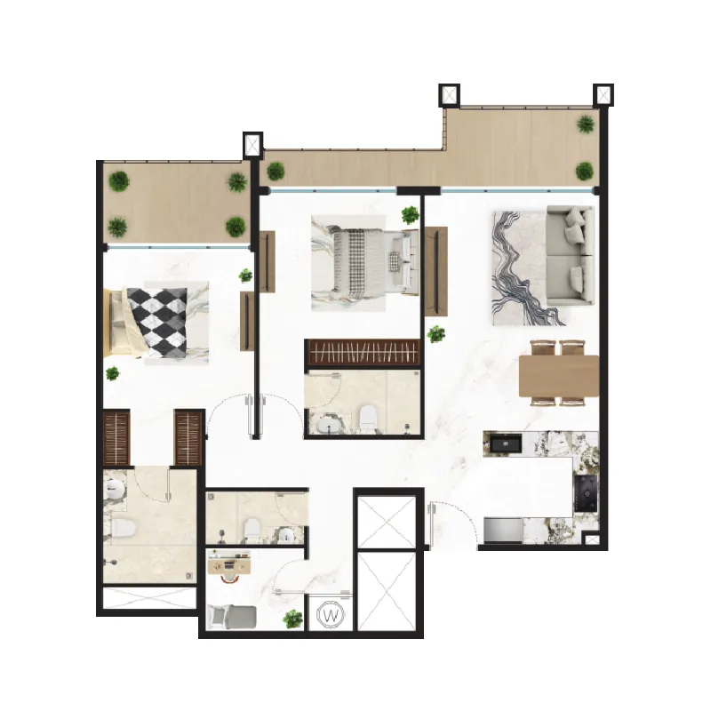 Courtyard One 2 bed floor plan, 1,225 sqft