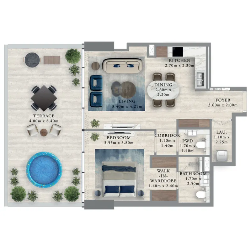 Royal Yacht Club Residence 1 bed floor plan, 981 sqft