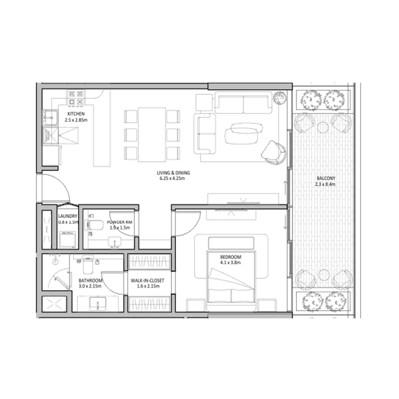 The Blue Beach Residence 1 bed floor plan, 1,041 sqft