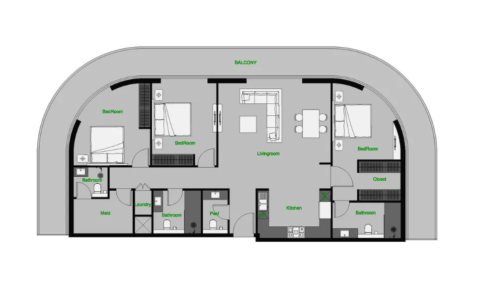 The Central Downtown 3 bed floor plan, 2,204 sqft