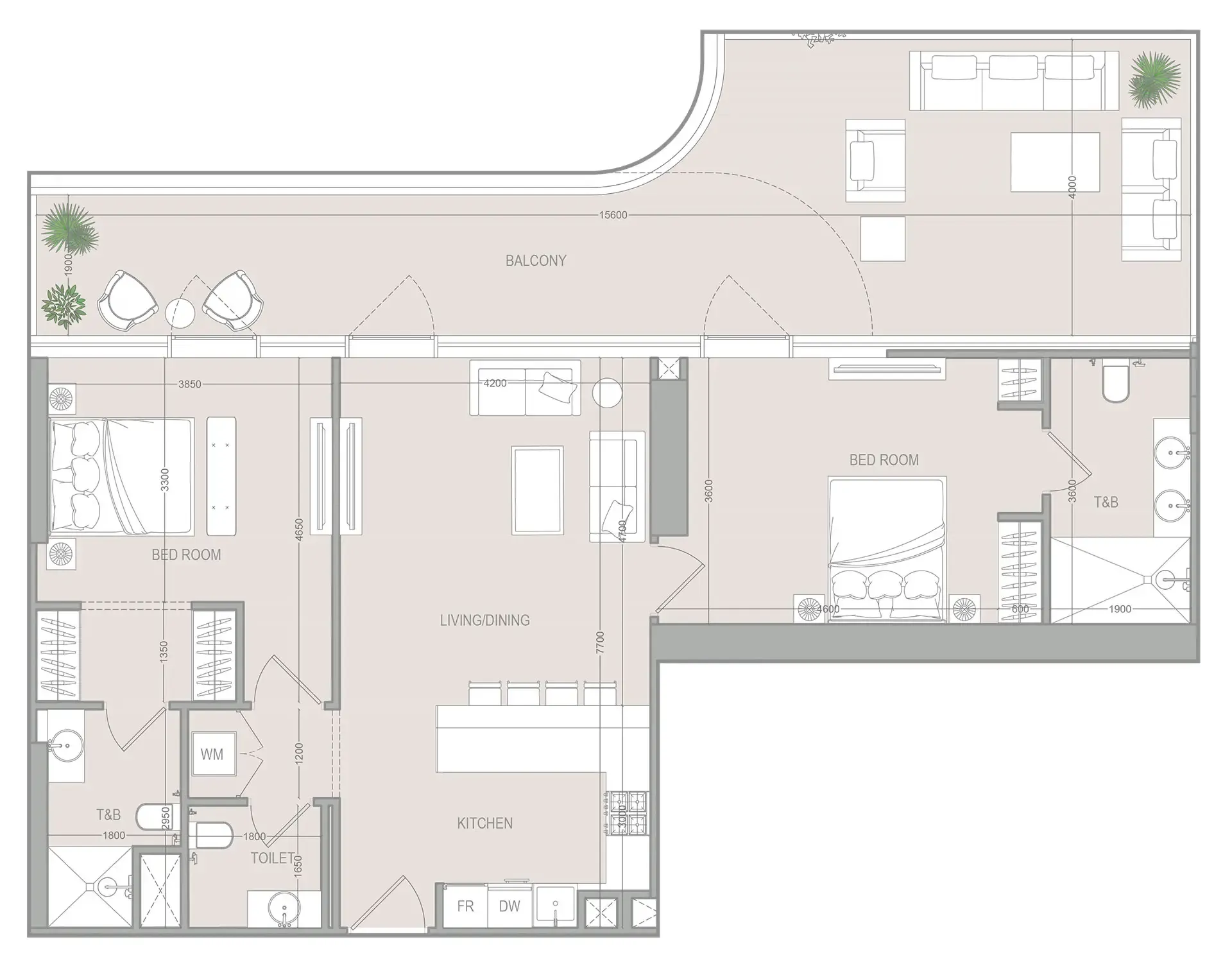 A1LA Residence 2 bed floor plan, 1,560 sqft
