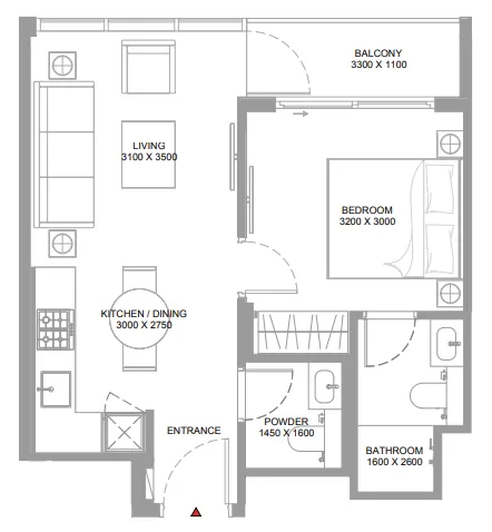 Canalside Marina Residences 1 bed floor plan, 511 – 513 sqft