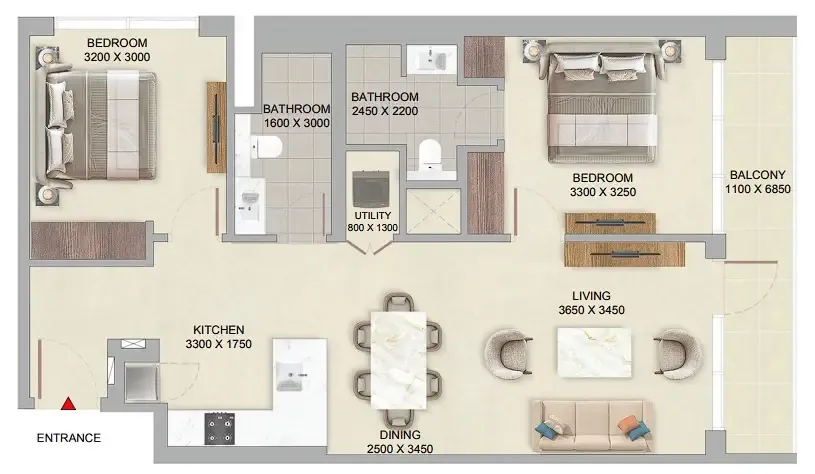 The Woods at Sobha Sanctuary 2 bed floor plan, 961 sqft