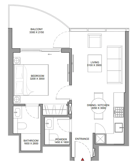 Sobha Aquamont 1 bed floor plan, 565 sqft