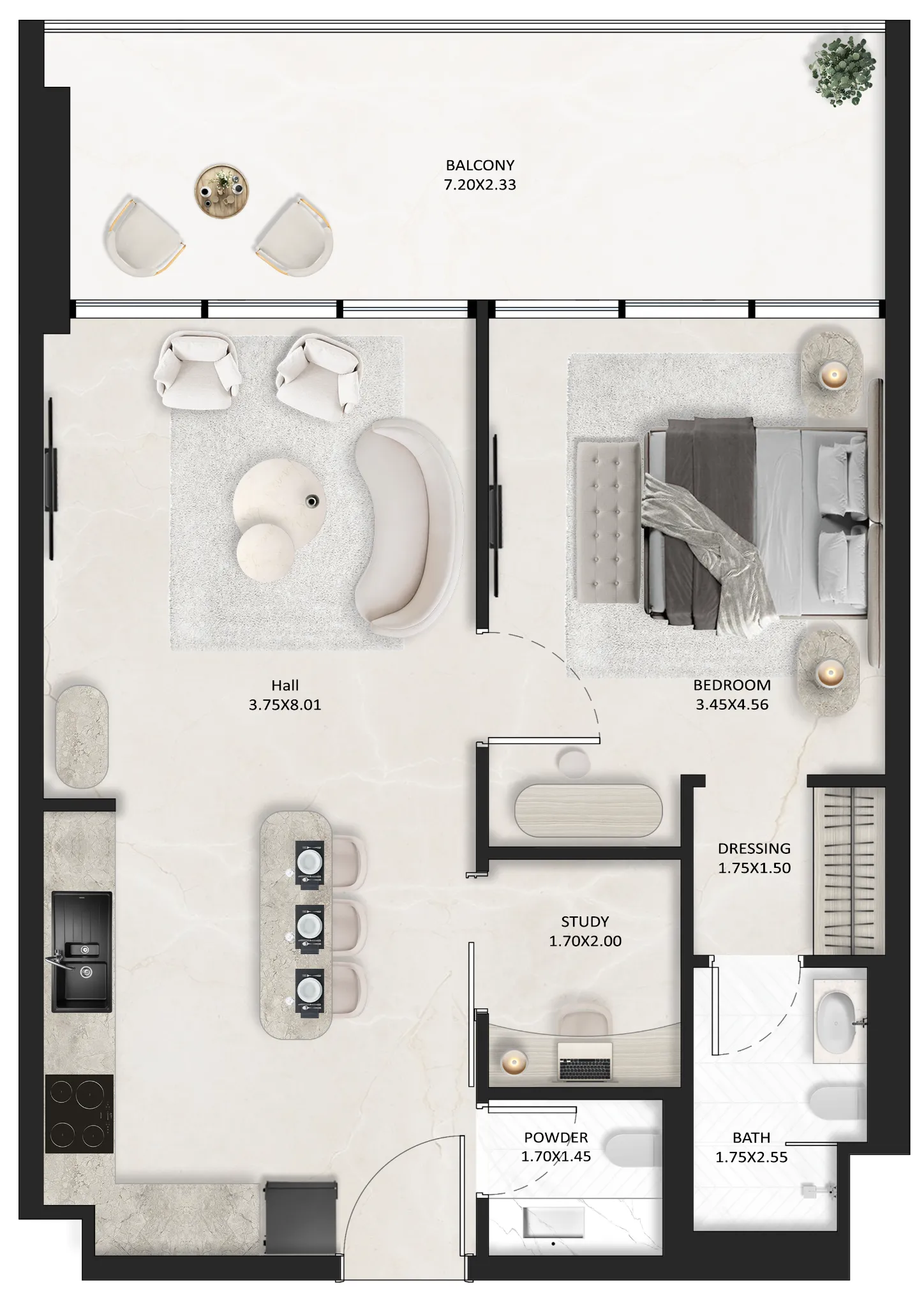 SquareX One 1 bed floor plan, 747 – 760 sqft