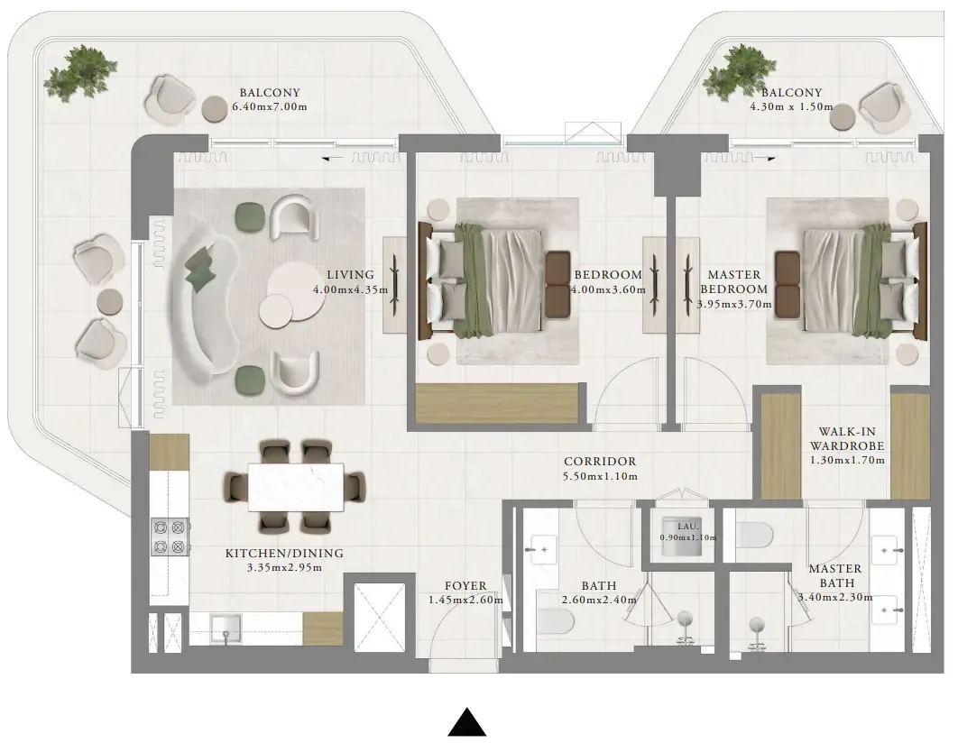 Sera 1 2 bed floor plan, 1,338 – 1,340 sqft