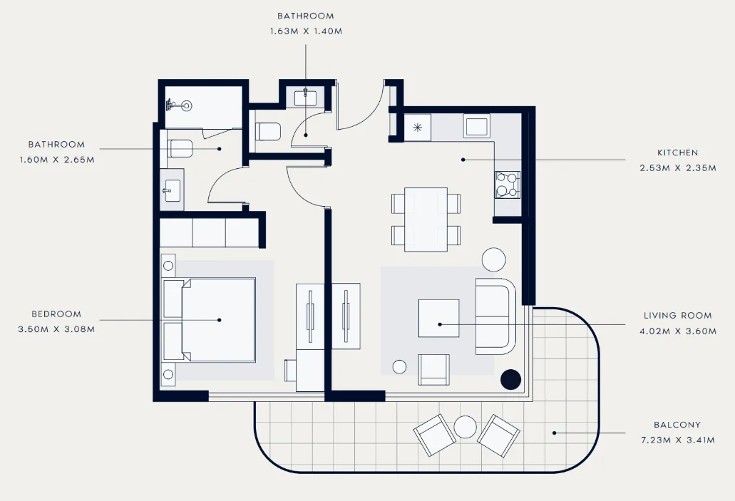 Azizi Venice 1 bed floor plan, 707 sqft