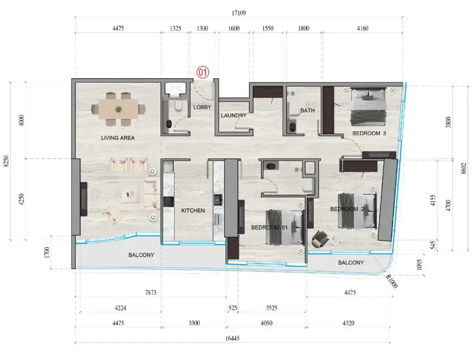 Al Ghaf Tower 3 bed floor plan, 1,791 sqft