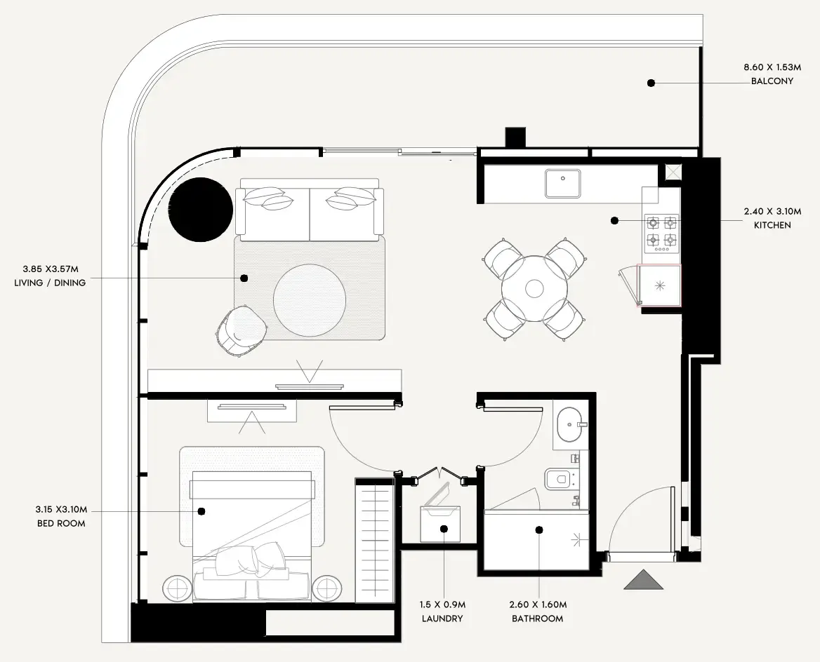 Azizi Milan 1 bed floor plan, 744 sqft