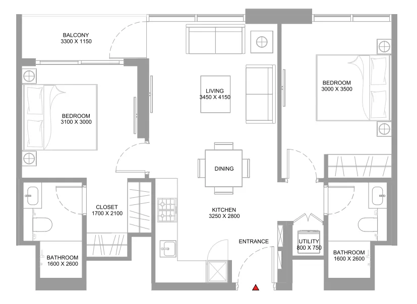 Starline Beach Residences 2 bed floor plan, 776 – 777 sqft