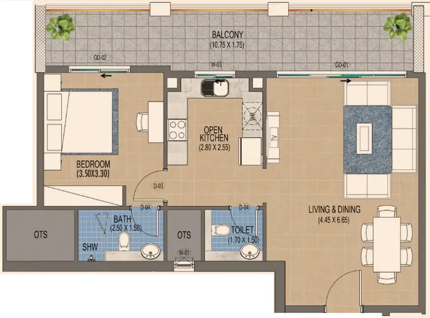 Triana Residences 1 bed floor plan, 919 sqft