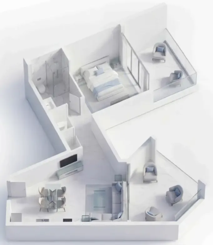 Ice Beach 1 bed floor plan, 734 – 743 sqft