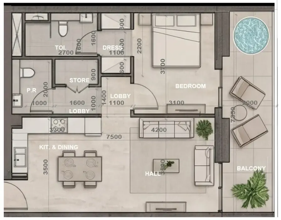 Sky Harmony 1 bed floor plan, 798 sqft