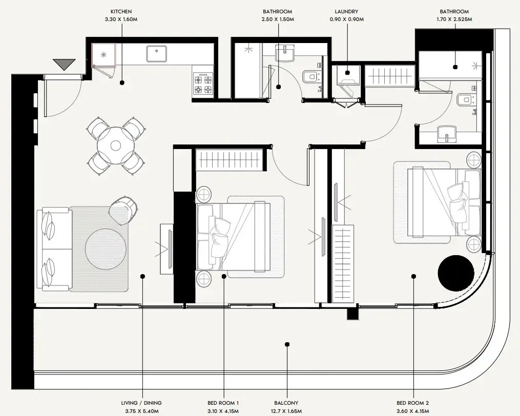 Azizi Milan 2 bed floor plan, 1,160 sqft