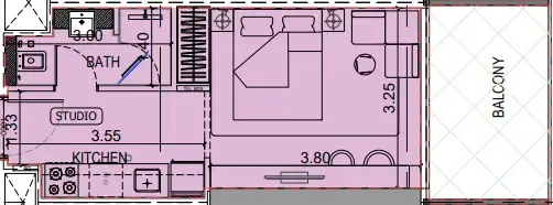 Binghatti Vintage Studio floor plan, 374 – 376 sqft