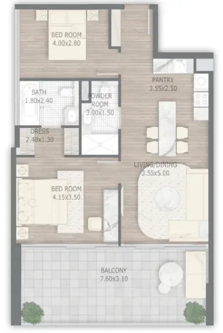 Stamn One 2 bed floor plan, 1,032 sqft