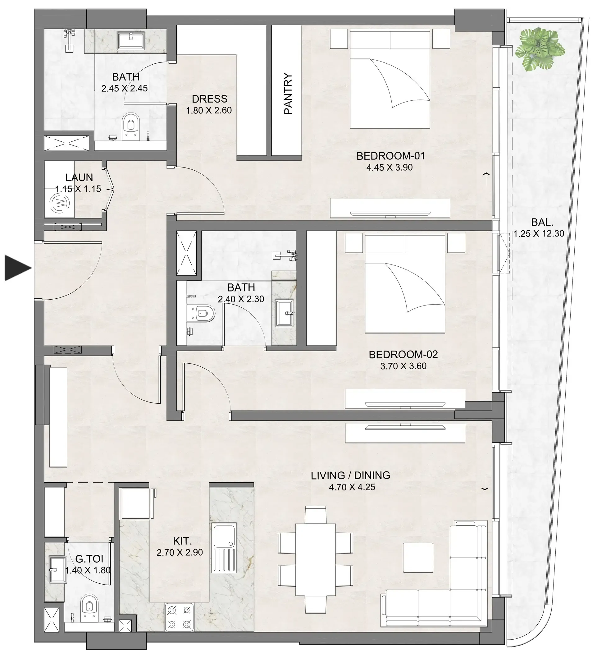 Luzora Residence 2 bed floor plan, 1,384 sqft