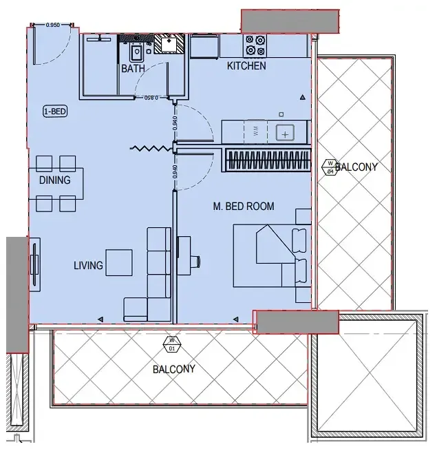 Binghatti Apex 1 bed floor plan, 906 sqft