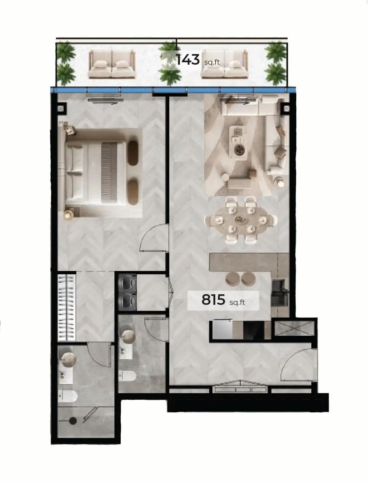 Radiant Terrace 1 bed floor plan, 949 – 958 sqft