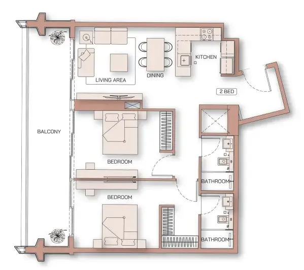 Binghatti Pinnacle 2 bed floor plan, 1,082 sqft