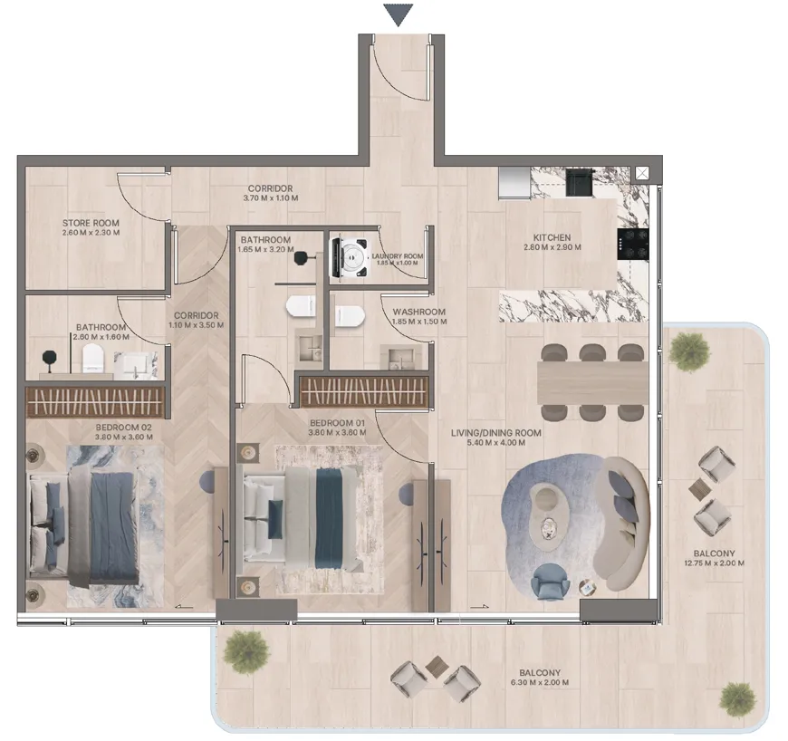 Meriden Beach Residences 2 bed floor plan, 1,469 sqft