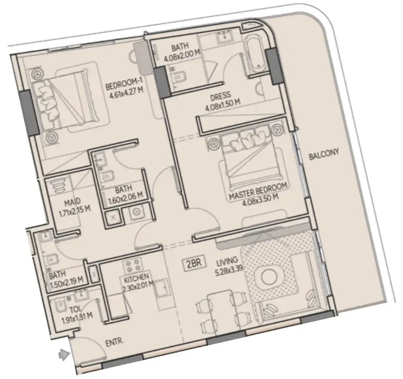 Weston by Wadan Phase 1 & 2 2 bed floor plan, 1,304 sqft