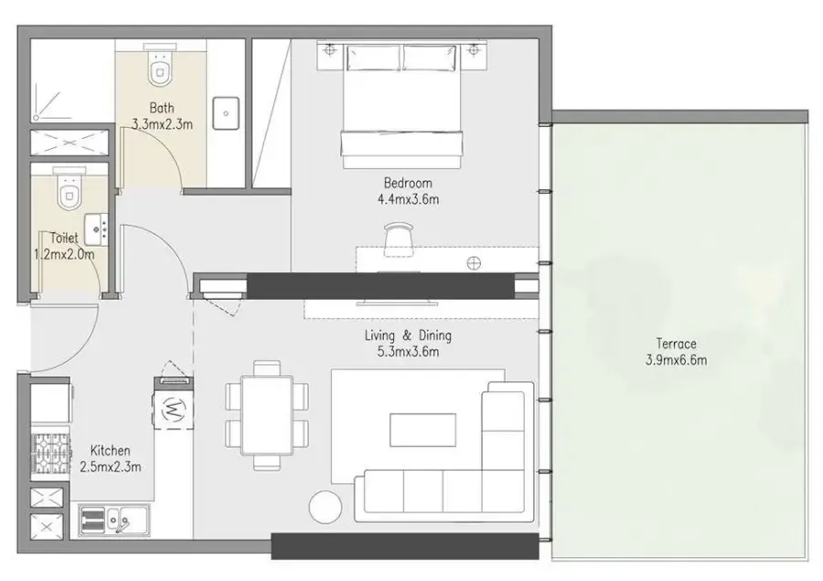 Zenith Residences 1 bed floor plan, 956 sqft