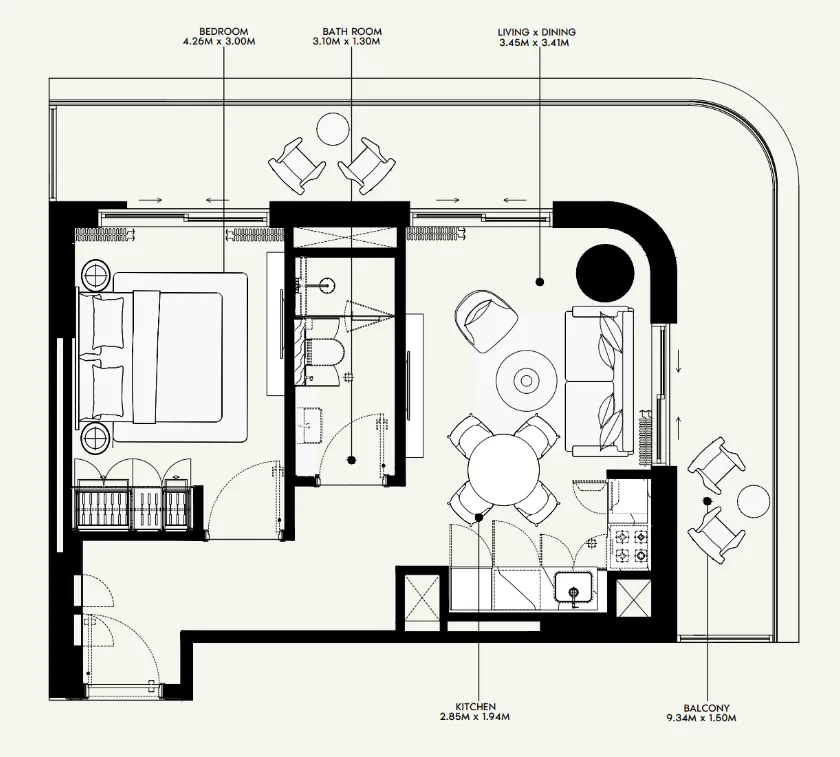 Azizi Venice 1 bed floor plan, 793 sqft