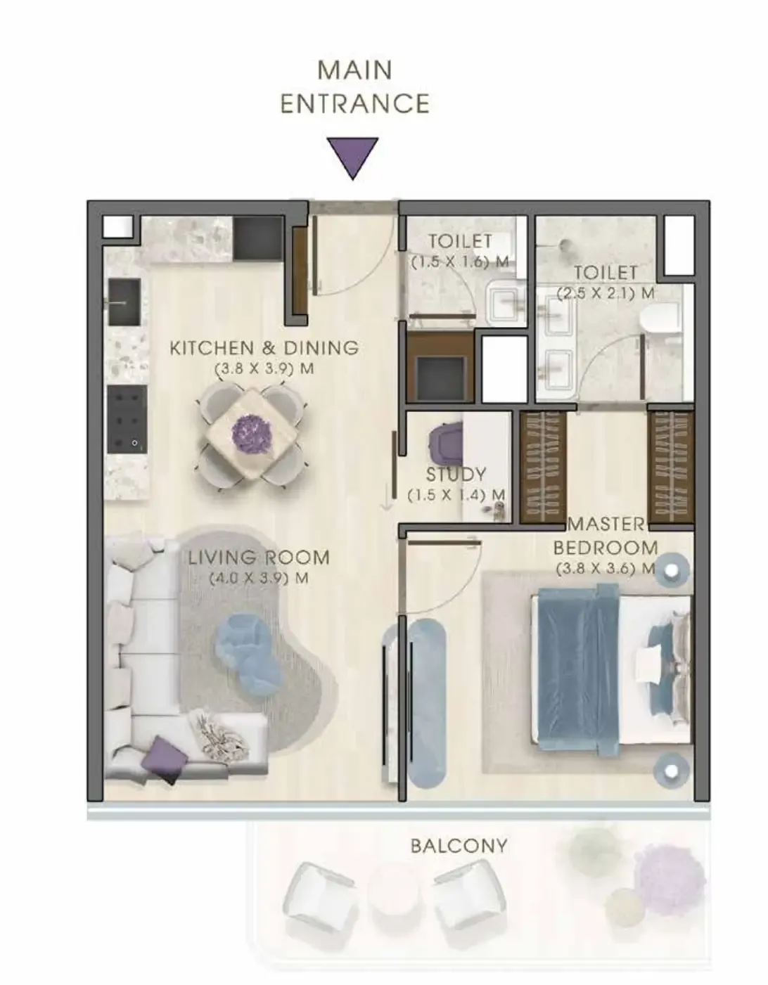 Kaia Residences 1 bed floor plan, 800 – 948 sqft