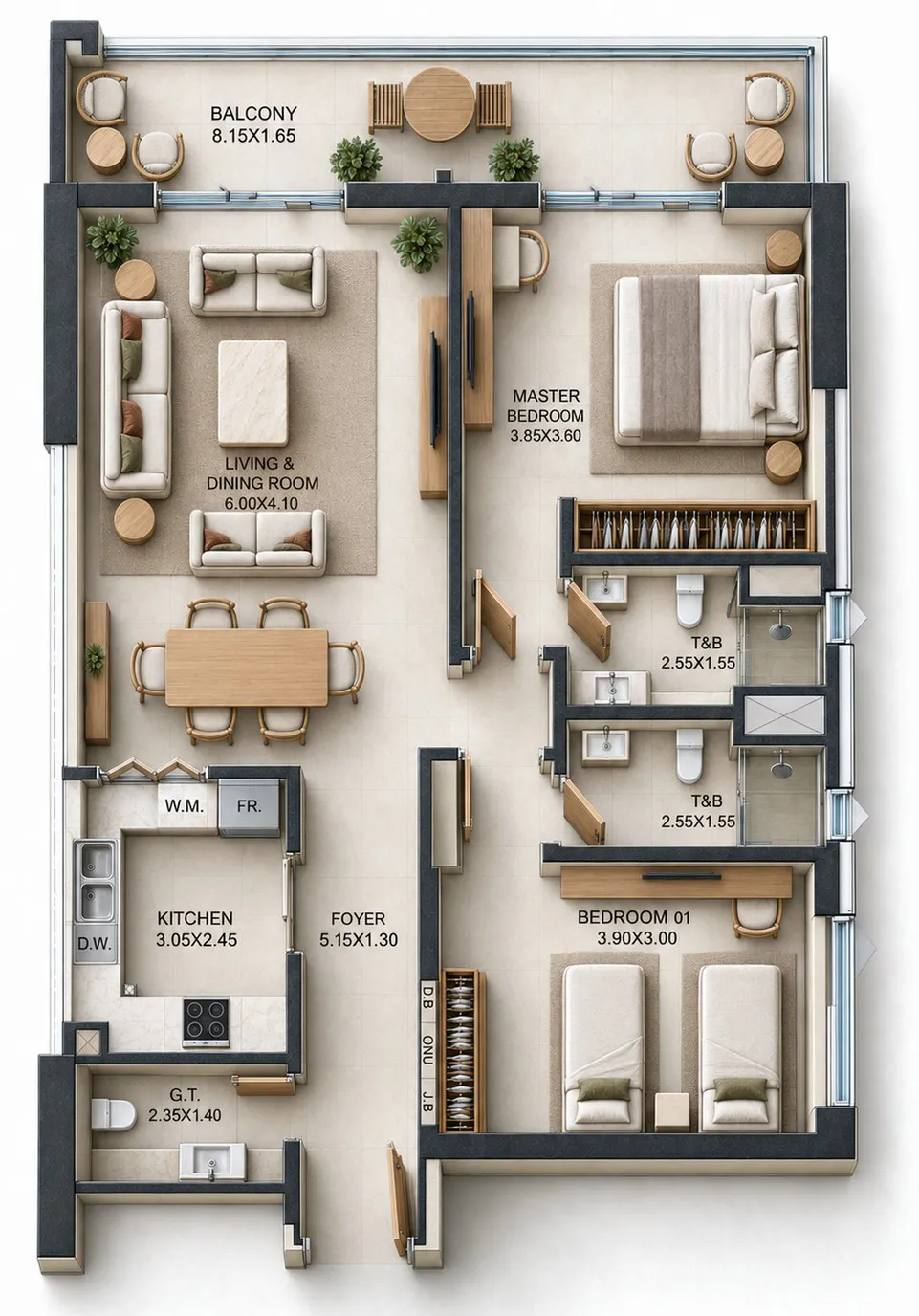 Reeman Residence 02 2 bed floor plan, 1,055 – 1,059 sqft