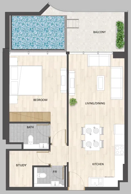 Barari Palace 1 bed floor plan, 827 – 849 sqft