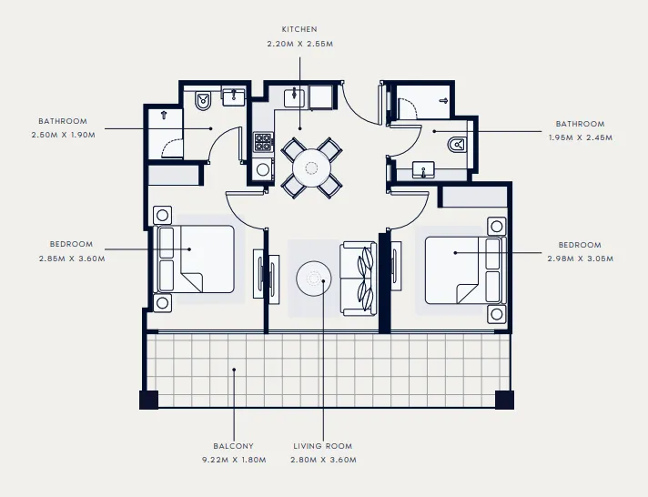 Riviera 65 2 bed floor plan, 791 sqft