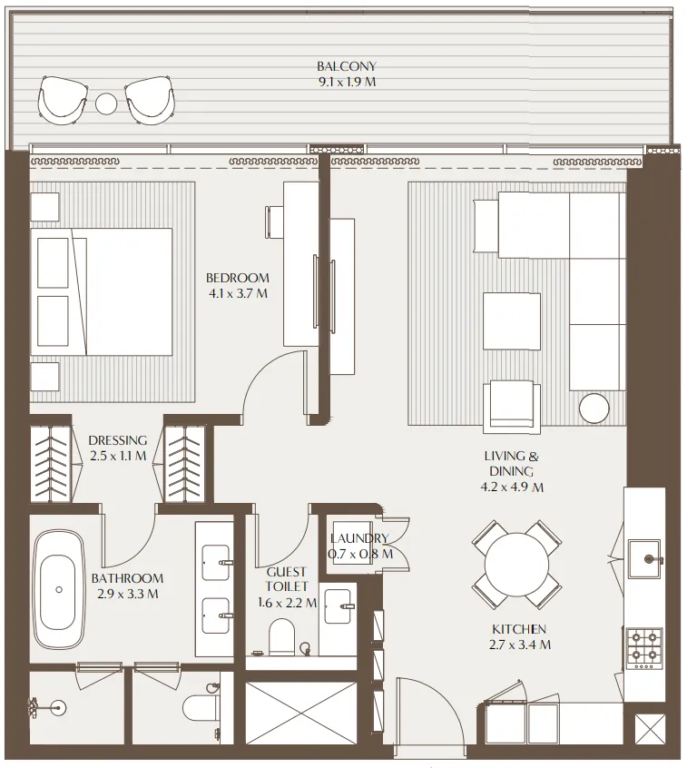 Akala Residences 1 bed floor plan, 1,036 sqft