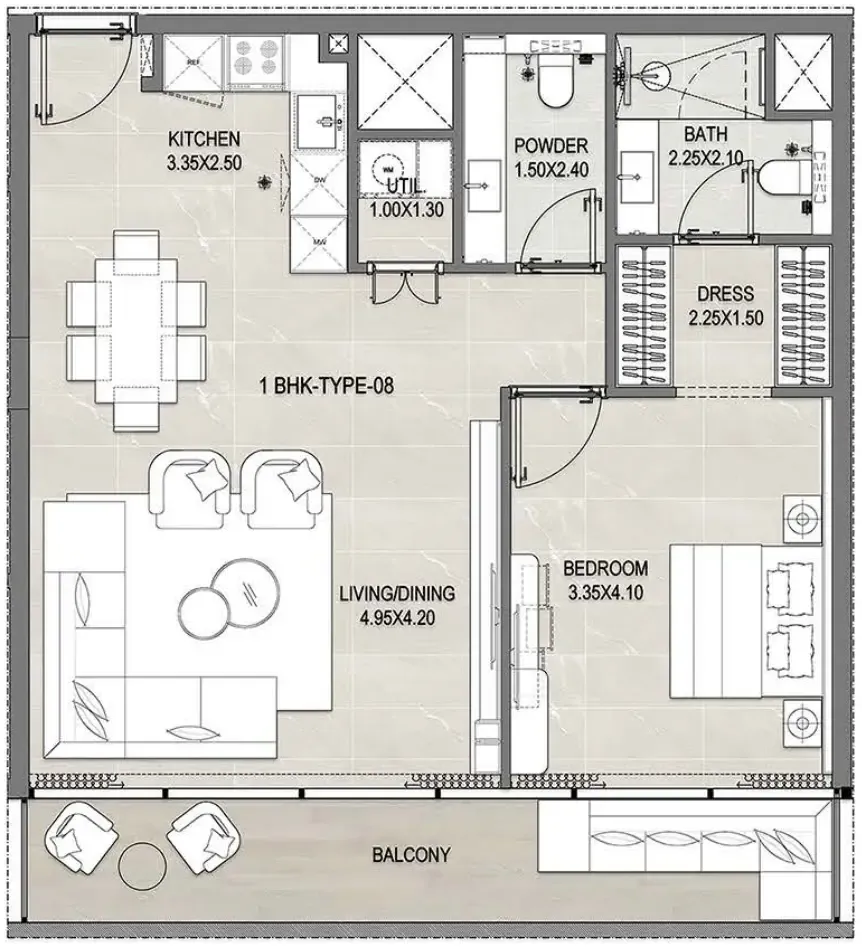 Reef 1000 1 bed floor plan, 1,290 sqft